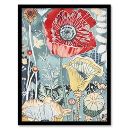 "Artery8 Stylised Poppy Flowers Pastel Colour Design Framed Art Print in Blue - Size: W12"" x H16""" - thumbnail 1