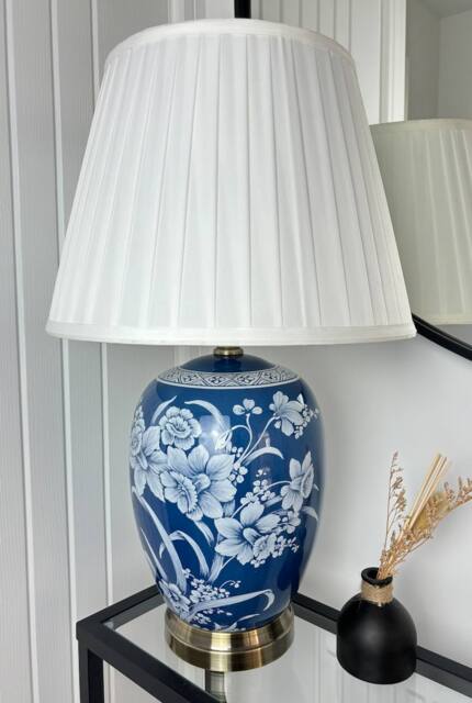 Downton Interiors Blue Floral Ceramic Table Lamp with Pleated Shade (G2101 Pleated) - Size: Large - image 1