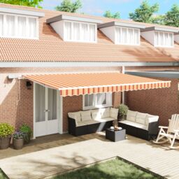 Berkfield Home Manual Retractable Awning with LED Yellow & Orange 500x350 cm - thumbnail 1