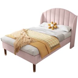 Matteo Velvety Upholstered Single Bed with Slatted Frame Headboard in Pink - thumbnail 7