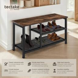 tectake Shoe Rack Taunton - Surface Shelf & 2 Grid Shelves, Industrial Style in Dark Brown - thumbnail 2