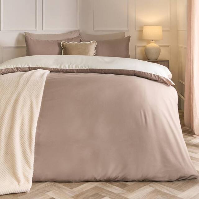 OHS Plain Reversible Duvet Cover With Pillowcase Set in Light Brown - Size: Double - image 1
