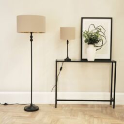 ValueLights Maggie Black Candlestick Floor Lamp with Beige & Metallic Gold Shade & Bulb - thumbnail 4