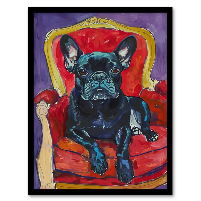 "Artery8 Dog Lover French Bulldog on Red Armchair Framed Art Print - Size: W12"" x H16""" - image 1