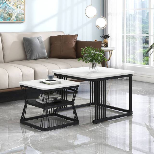 Merax White Marble Effect Square Nesting Coffee Table Set of 2 Metal Frame - image 1