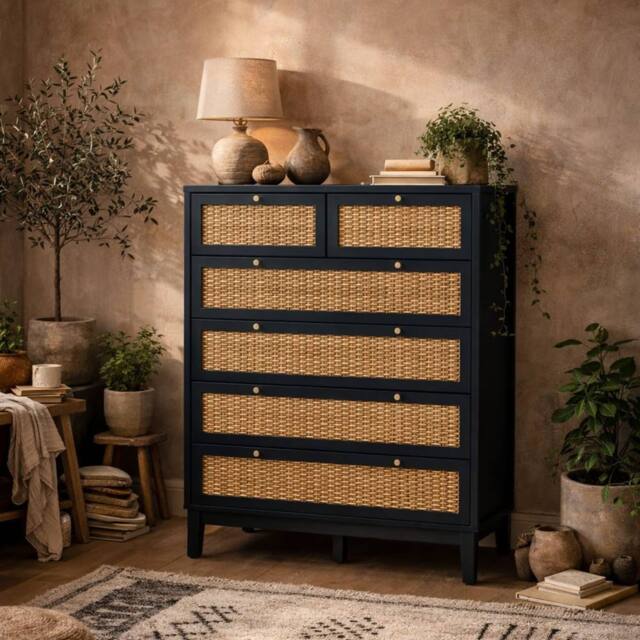 Wyld Haus Waterford Blue Oak & Woven Rattan 6 Drawer Chest - image 1