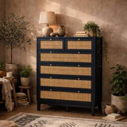 Wyld Haus Waterford Blue Oak & Woven Rattan 6 Drawer Chest - thumbnail 1