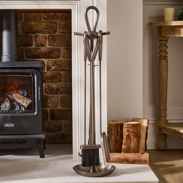 Dibor Contemporary Pewter Antique Fireplace 4pc Fireside Companion Set H90cm in Silver - image 1