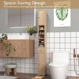Costway 180cm Tall Bathroom Slim Cabinet Freestanding Storage Cabinet w/Drawer in Natural - thumbnail 5
