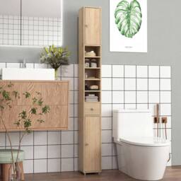 Costway 180cm Tall Bathroom Slim Cabinet Freestanding Storage Cabinet w/Drawer in Natural - thumbnail 9