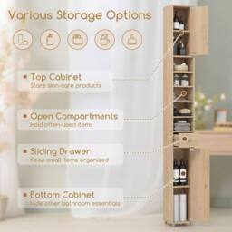 Costway 180cm Tall Bathroom Slim Cabinet Freestanding Storage Cabinet w/Drawer in Natural - thumbnail 4