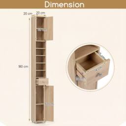 Costway 180cm Tall Bathroom Slim Cabinet Freestanding Storage Cabinet w/Drawer in Natural - thumbnail 2