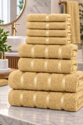 Dyzi 8 Piece Soft Towel Bale Set - Bathroom Towels in Assorted Sizes in Mustard - thumbnail 1