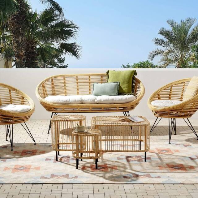 Wyld and Coco Rattan 4-Seater Sofa Set with Beige Cushions and Coffee Table in Natural - image 1