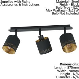 Loops Flush Ceiling Light Colour Black Shade Black Gold Fabric Bulb E27 3x28W - thumbnail 2