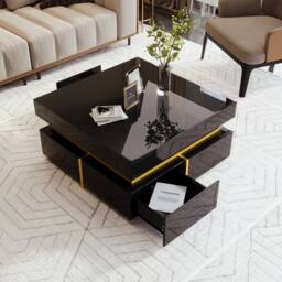VOGREX Modern High Gloss Black Side Coffee Table with 2 Storage Drawers - Size: 110 cm x 35 cm - thumbnail 4