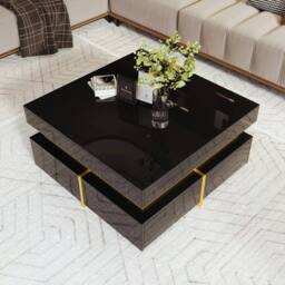 VOGREX Modern High Gloss Black Side Coffee Table with 2 Storage Drawers - Size: 110 cm x 35 cm - thumbnail 6