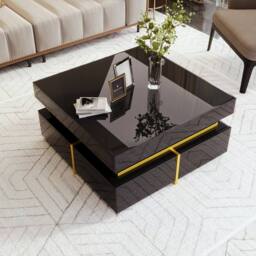 VOGREX Modern High Gloss Black Side Coffee Table with 2 Storage Drawers - Size: 110 cm x 35 cm - thumbnail 3