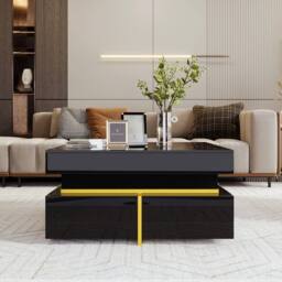 VOGREX Modern High Gloss Black Side Coffee Table with 2 Storage Drawers - Size: 110 cm x 35 cm - thumbnail 5