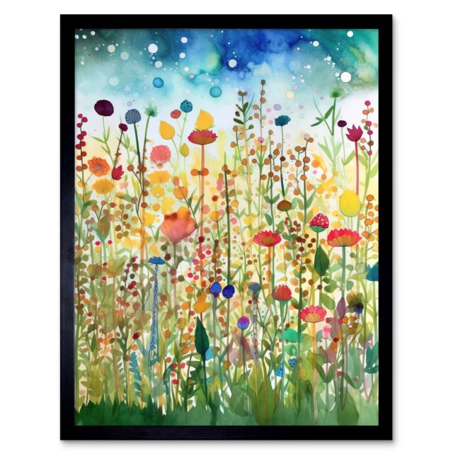 "Artery8 Wall Art Print Wildflower Meadow Folk Art Framed in Black - Size: W12"" x H16""" - image 1