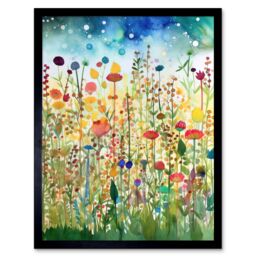 "Artery8 Wall Art Print Wildflower Meadow Folk Art Framed in Black - Size: W12"" x H16""" - thumbnail 1