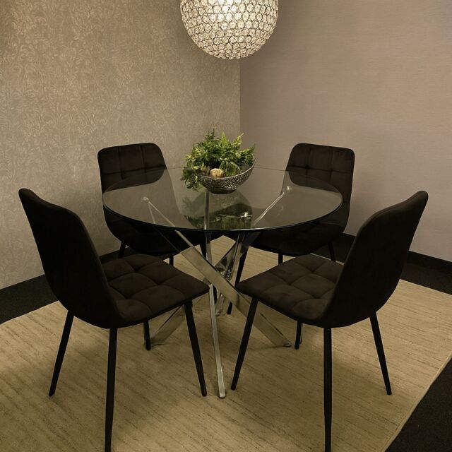 KOSY KOALA Round Glass Dining Table Set With 4 Black Velvet Chairs Dining Room Furniture in Brown - image 1