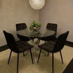 KOSY KOALA Round Glass Dining Table Set With 4 Black Velvet Chairs Dining Room Furniture in Brown