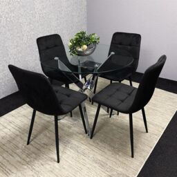 KOSY KOALA Round Glass Dining Table Set With 4 Black Velvet Chairs Dining Room Furniture in Brown - thumbnail 2
