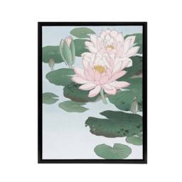 "Artery8 Water Lily Pads Pink Flower Bloom Framed Canvas Wall Art Print Koson - Size: W24"" x H32""" - thumbnail 1
