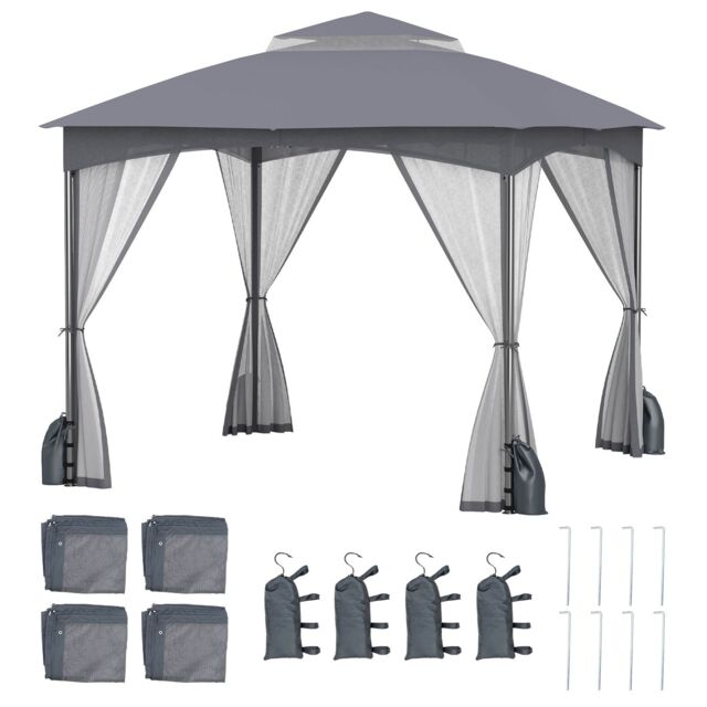 Gymax 296 x 296 cm Gazebo With Netting Walls Double Roof Canopy Metal Frame in Grey - image 1