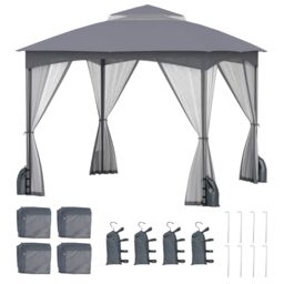 Gymax 296 x 296 cm Gazebo With Netting Walls Double Roof Canopy Metal Frame in Grey - thumbnail 1