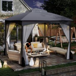 Gymax 296 x 296 cm Gazebo With Netting Walls Double Roof Canopy Metal Frame in Grey - thumbnail 6