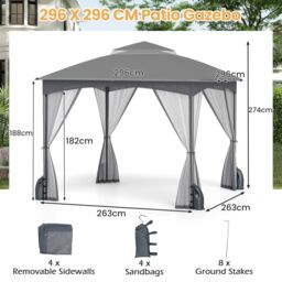 Gymax 296 x 296 cm Gazebo With Netting Walls Double Roof Canopy Metal Frame in Grey - thumbnail 2