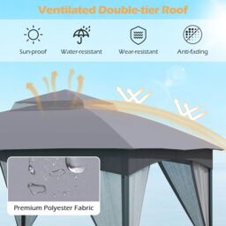 Gymax 296 x 296 cm Gazebo With Netting Walls Double Roof Canopy Metal Frame in Grey - thumbnail 8