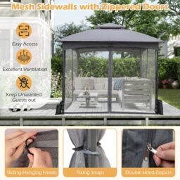 Gymax 296 x 296 cm Gazebo With Netting Walls Double Roof Canopy Metal Frame in Grey - thumbnail 7