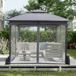 Gymax 296 x 296 cm Gazebo With Netting Walls Double Roof Canopy Metal Frame in Grey - thumbnail 4