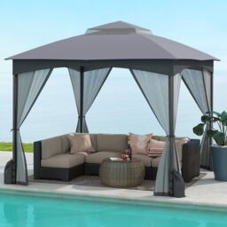 Gymax 296 x 296 cm Gazebo With Netting Walls Double Roof Canopy Metal Frame in Grey - thumbnail 3