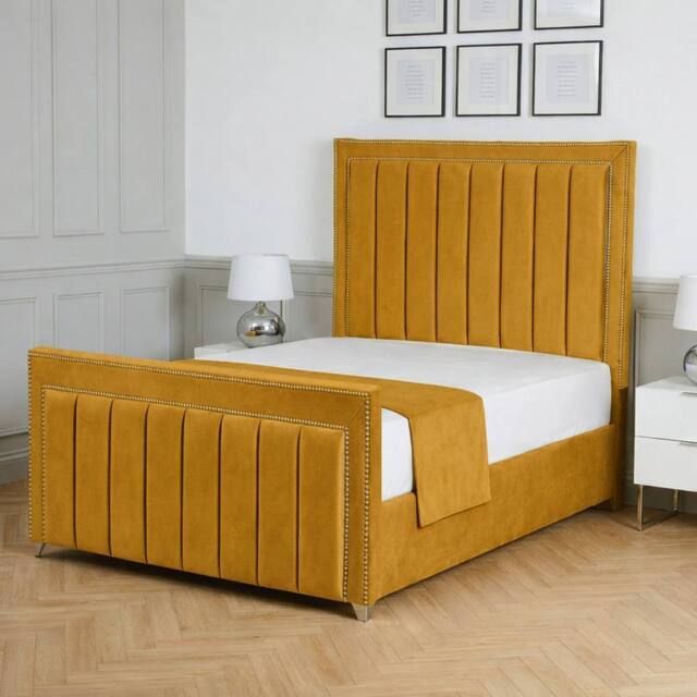 Living Comfort Bedz Royale Plush Velvet Upholstered Bed Slatted Base with 48Inch Headboard in Mustard - Size: Small Double - image 1