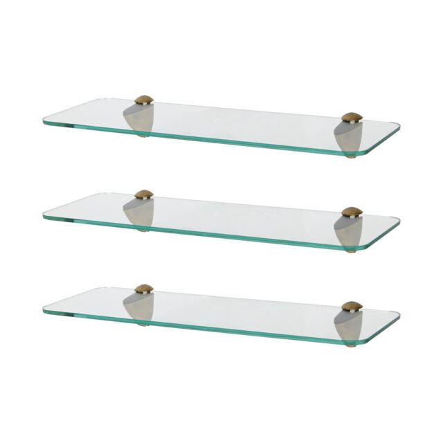 Harbour Housewares 3x Rounded Floating Glass Shelves - 40cm Bathroom Storage Display Unit in Gold - image 1