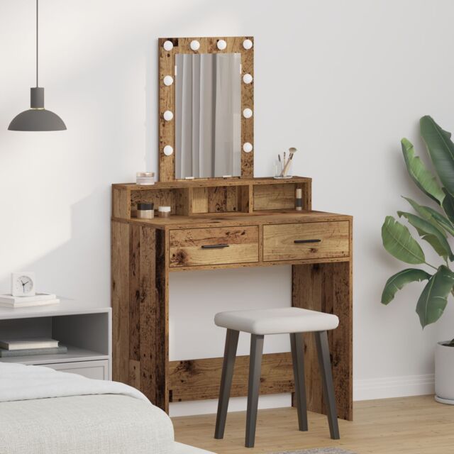 Berkfield Home Dressing Table with LED Lights - Vintage Wood Style, 79x41x140 cm in Brown - Size: 79 x 41 x 140 cm - image 1