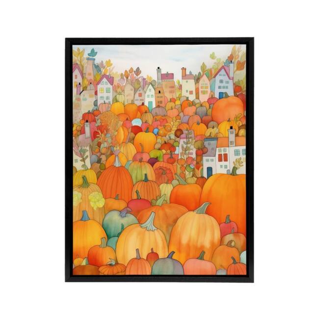 "Artery8 Halloween Autumn Pumpkin Festival Framed Canvas Wall Art Print in Orange - Size: W12"" x H16""" - image 1
