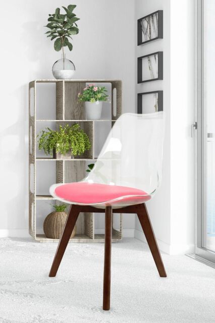 Fusion Living Soho Clear Plastic Dining Chair with Squared Dark Wood Legs in Bright Pink - image 1