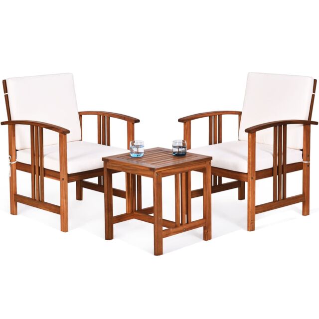 Gymax 3-Piece Outdoor Acacia Wood Sofa Set With Cushions-White in White - Size: 3 Pack - image 1