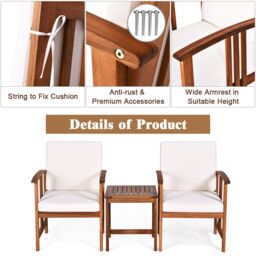 Gymax 3-Piece Outdoor Acacia Wood Sofa Set With Cushions-White in White - Size: 3 Pack - thumbnail 5