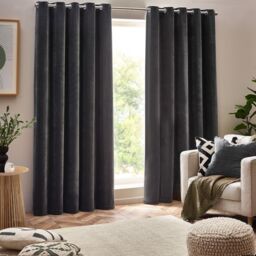 Yard Heavy Chenille Velvet Room Darkening Eyelet Curtain Pair in Charcoal - Size: 168 cm width x 229 cm drop - thumbnail 2