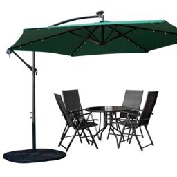 Samuel Alexander 4 Person Round Glass Top Table Chairs. Green Banana Lit Parasol & Base in Black - thumbnail 1