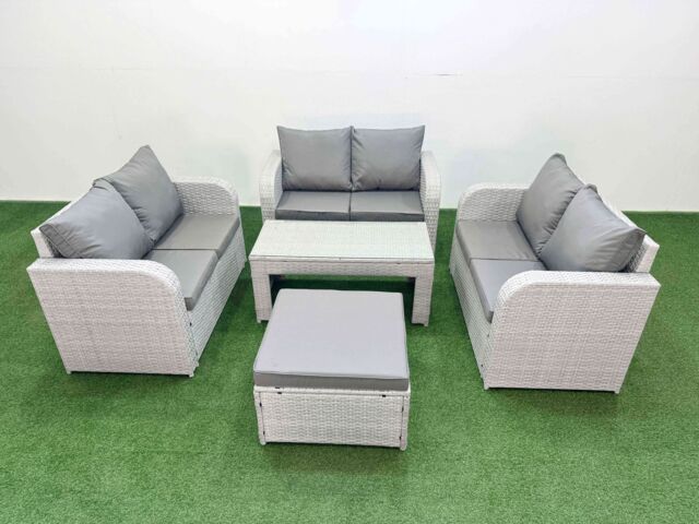 Fimous 7 Seater PE Wicker Rattan Furniture Sofa Sets with Oblong Coffee Table 2 Seater Love Sofa Big Footstool Light Grey - image 1