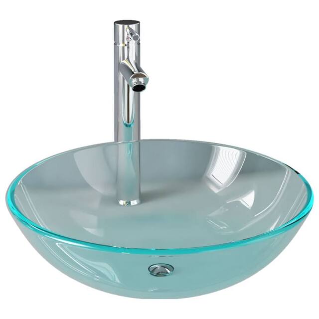 Berkfield Home Bathroom Sink with Tap & Push Drain Clear Tempered Glass - image 1