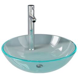 Berkfield Home Bathroom Sink with Tap & Push Drain Clear Tempered Glass - thumbnail 1