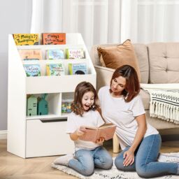 HOMCOM Kids Bookshelf Bookcase with Storage Drawer with Wheels Toy Organiser in White - thumbnail 1